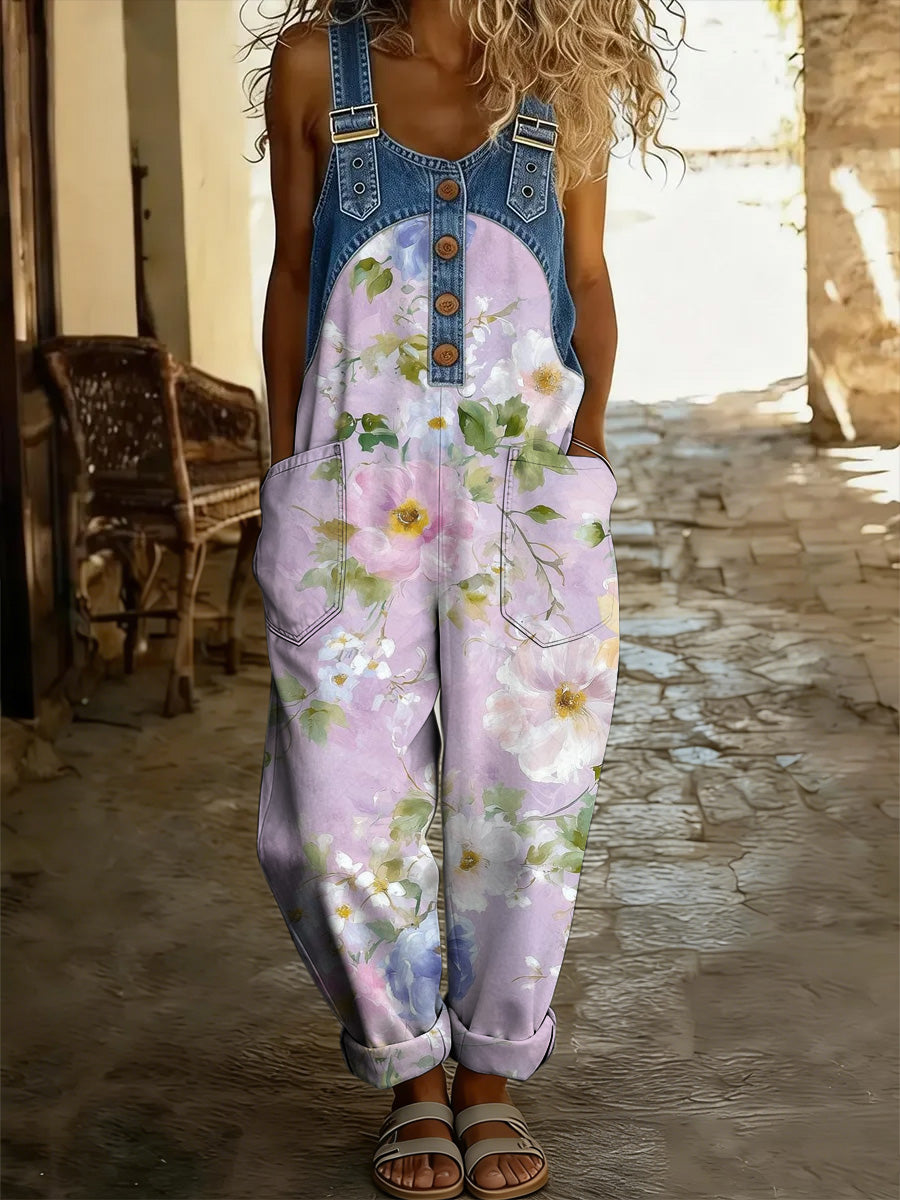 Women's Boho Style Art Print Washed Cotton Denim Patchwork Jumpsuit
